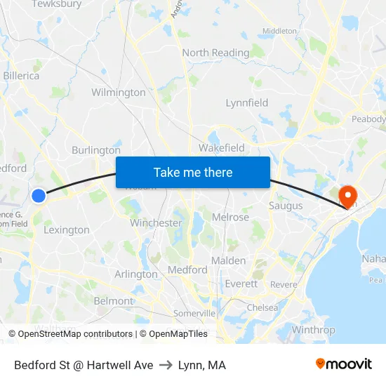 Bedford St @ Hartwell Ave to Lynn, MA map