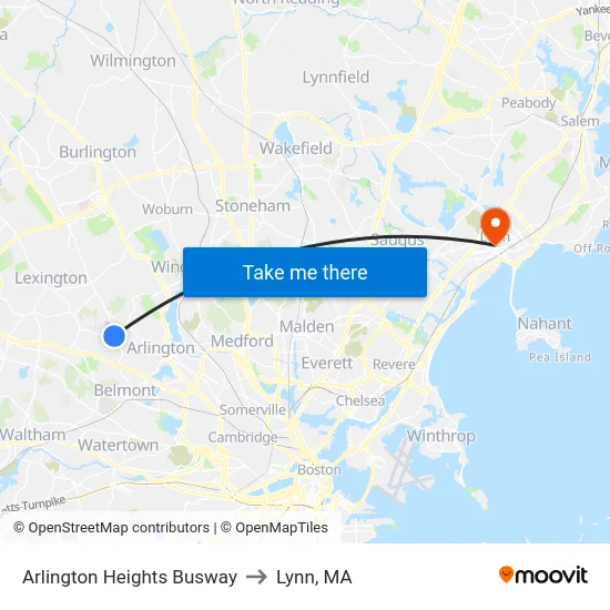Arlington Heights Busway to Lynn, MA map