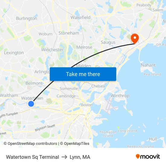 Watertown Sq Terminal to Lynn, MA map