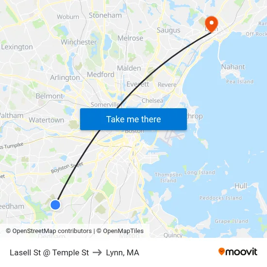 Lasell St @ Temple St to Lynn, MA map
