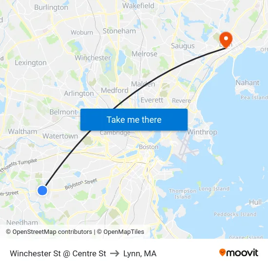 Winchester St @ Centre St to Lynn, MA map