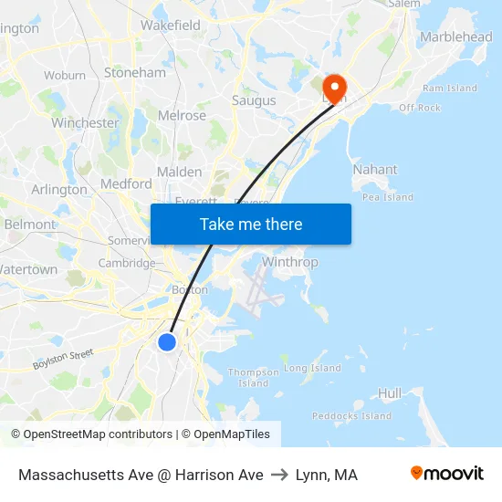 Massachusetts Ave @ Harrison Ave to Lynn, MA map
