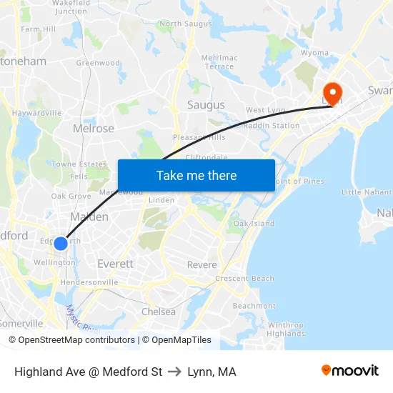 Highland Ave @ Medford St to Lynn, MA map