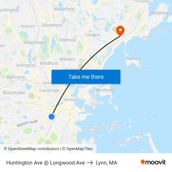 Huntington Ave @ Longwood Ave to Lynn, MA map