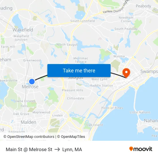 Main St @ Melrose St to Lynn, MA map