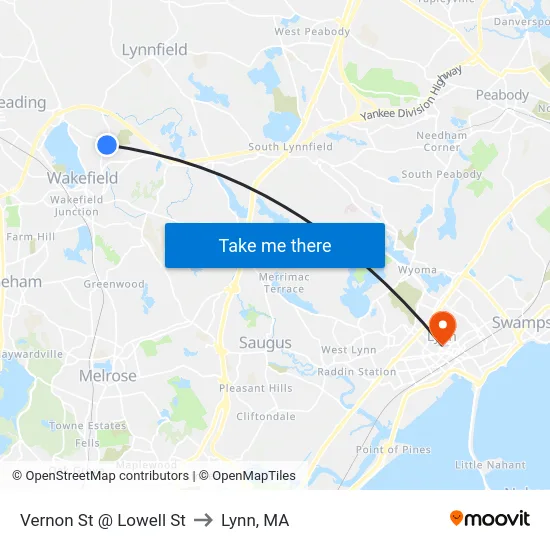 Vernon St @ Lowell St to Lynn, MA map