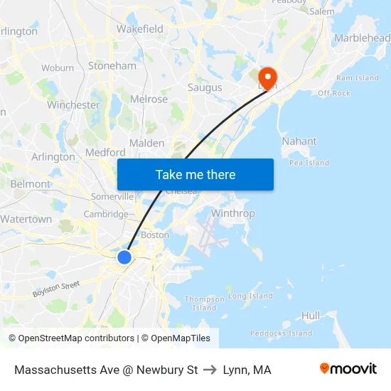 Massachusetts Ave @ Newbury St to Lynn, MA map