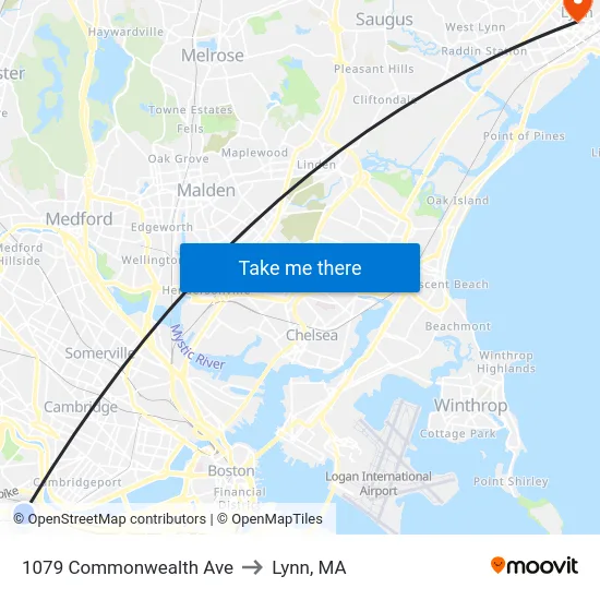 1079 Commonwealth Ave to Lynn, MA map