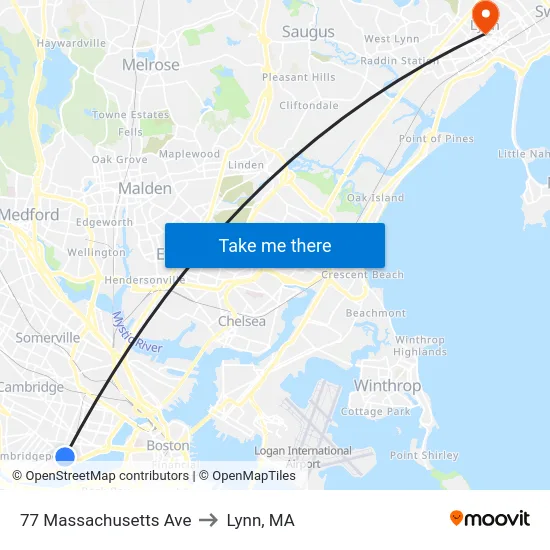 77 Massachusetts Ave to Lynn, MA map