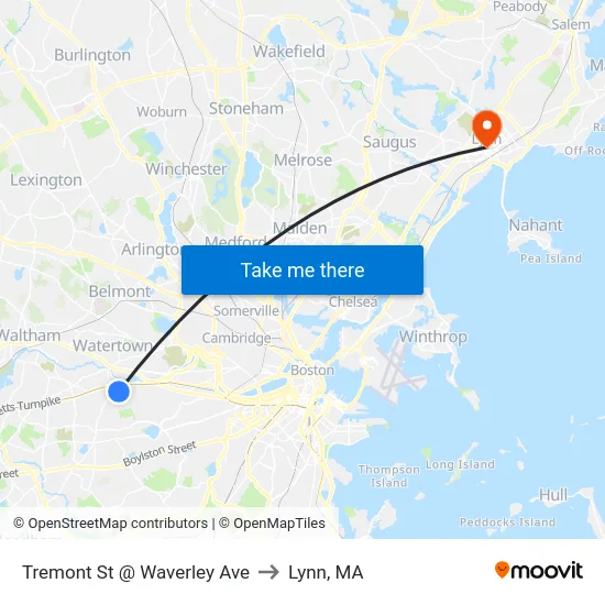 Tremont St @ Waverley Ave to Lynn, MA map