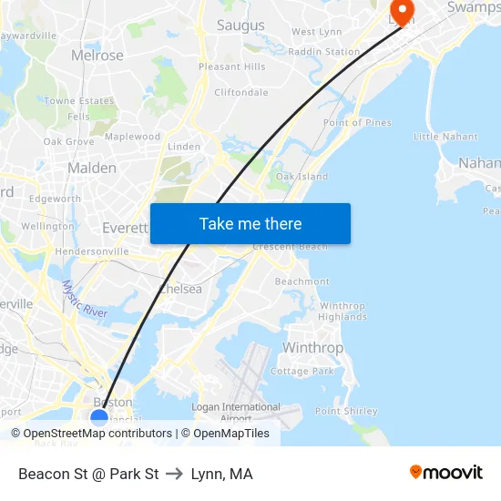 Beacon St @ Park St to Lynn, MA map
