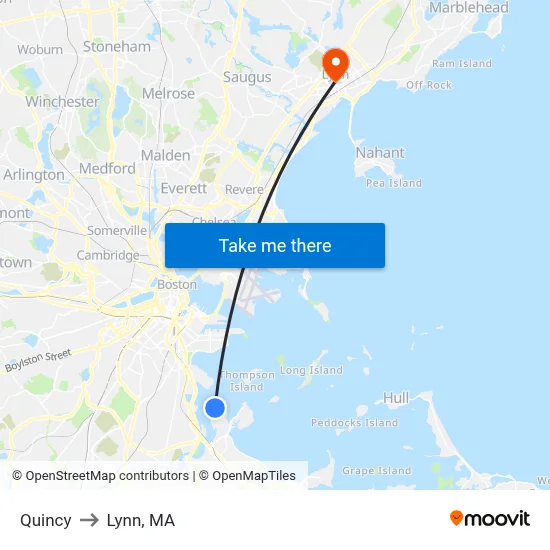 Quincy to Lynn, MA map
