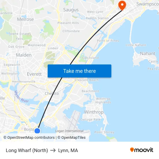 Long Wharf (North) to Lynn, MA map
