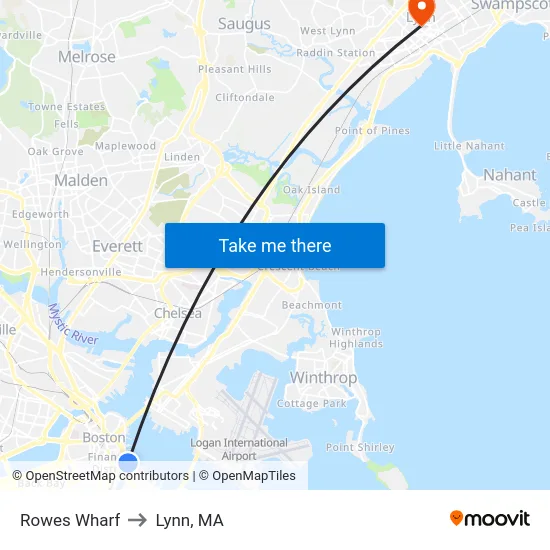 Rowes Wharf to Lynn, MA map