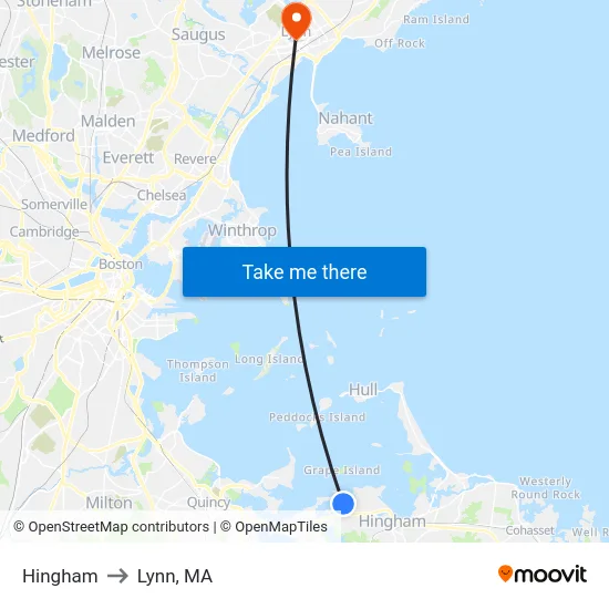 Hingham to Lynn, MA map