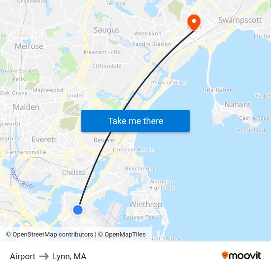 Airport to Lynn, MA map