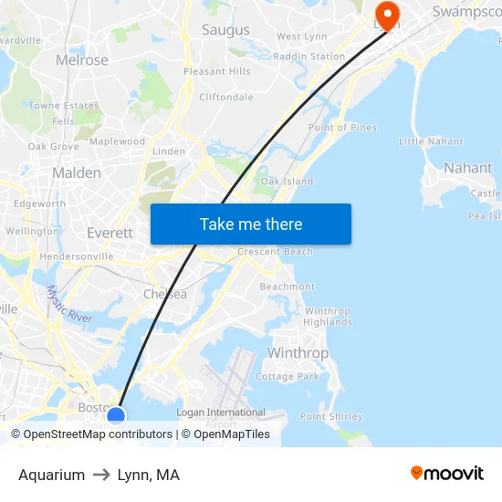 Aquarium to Lynn, MA map