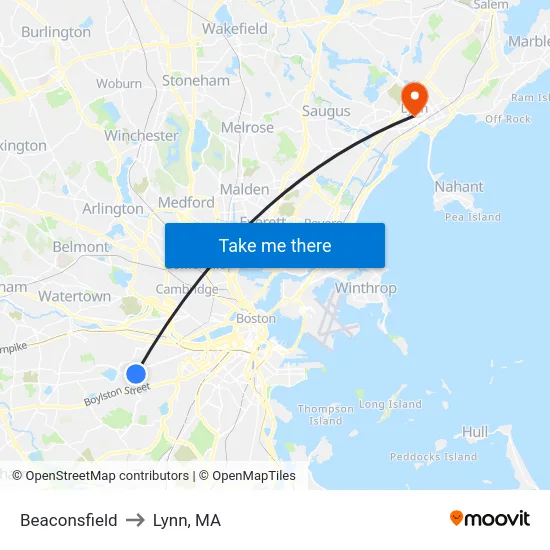 Beaconsfield to Lynn, MA map
