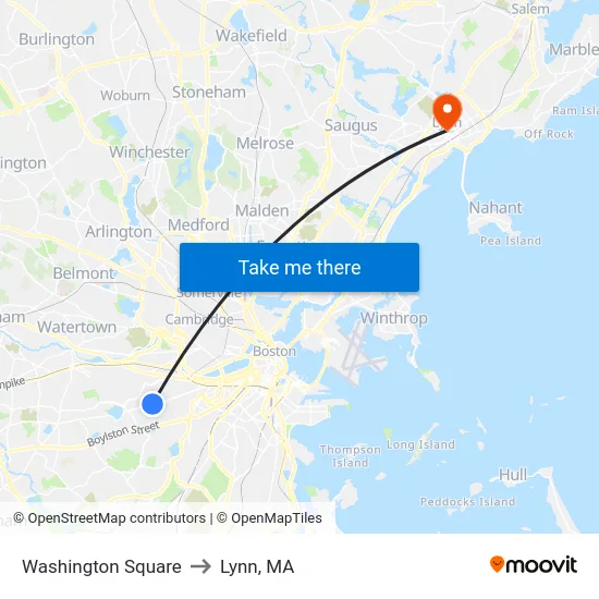 Washington Square to Lynn, MA map
