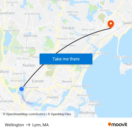 Wellington to Lynn, MA map