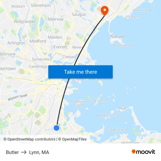 Butler to Lynn, MA map