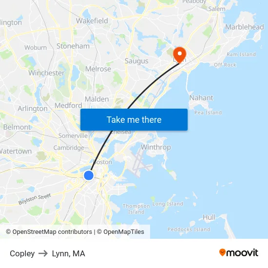 Copley to Lynn, MA map
