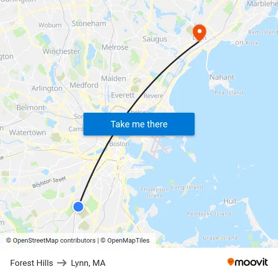 Forest Hills to Lynn, MA map