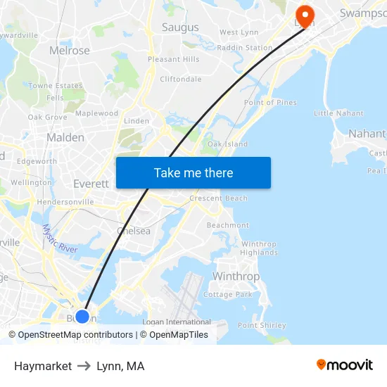 Haymarket to Lynn, MA map