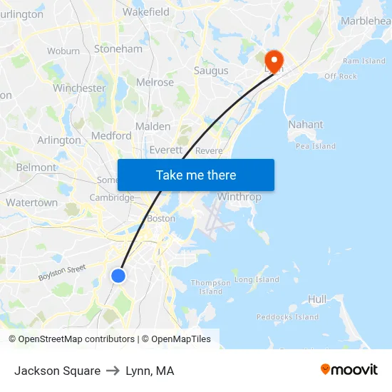 Jackson Square to Lynn, MA map