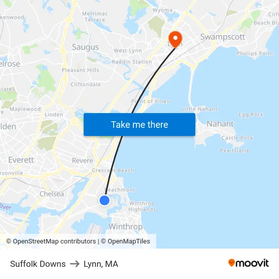 Suffolk Downs to Lynn, MA map