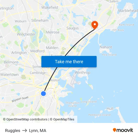Ruggles to Lynn, MA map