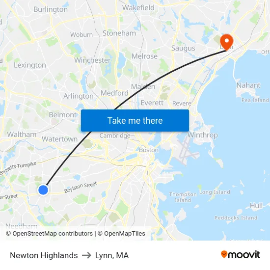 Newton Highlands to Lynn, MA map