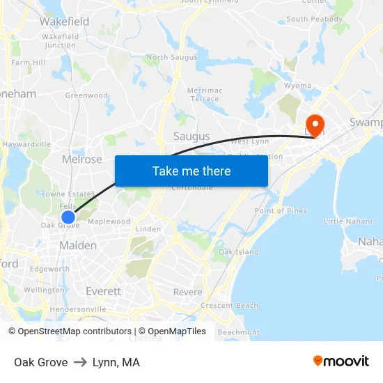 Oak Grove to Lynn, MA map