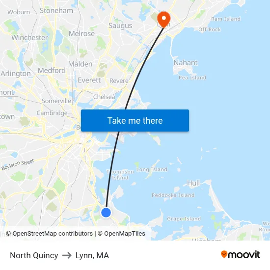 North Quincy to Lynn, MA map
