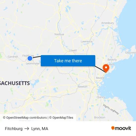 Fitchburg to Lynn, MA map