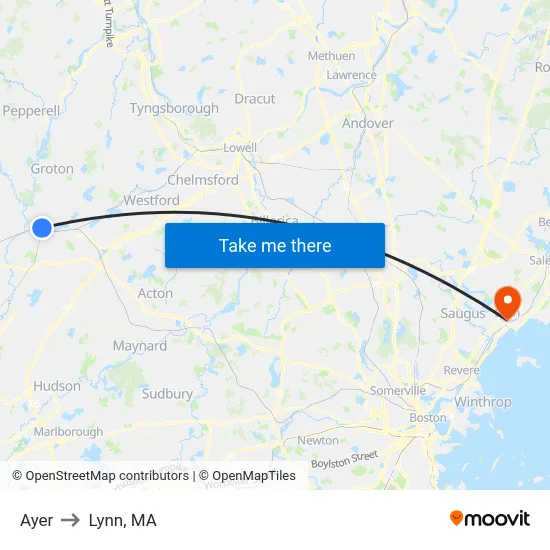 Ayer to Lynn, MA map