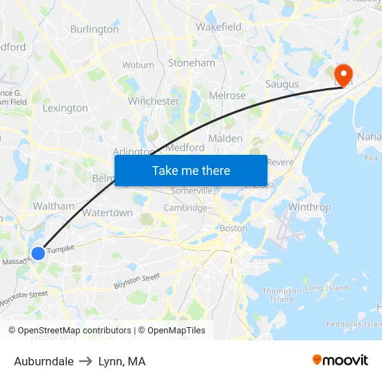 Auburndale to Lynn, MA map