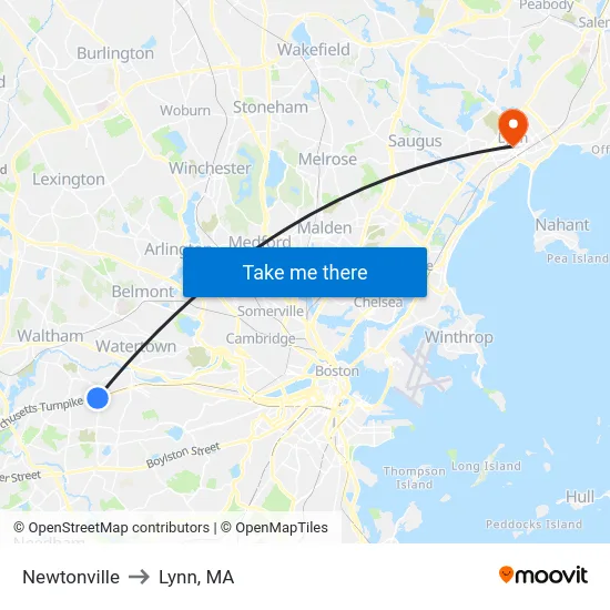 Newtonville to Lynn, MA map