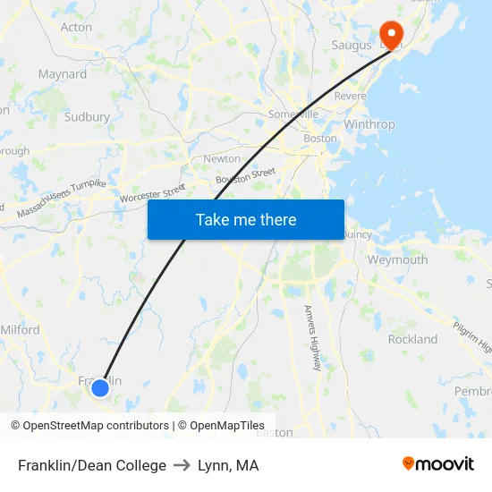 Franklin/Dean College to Lynn, MA map