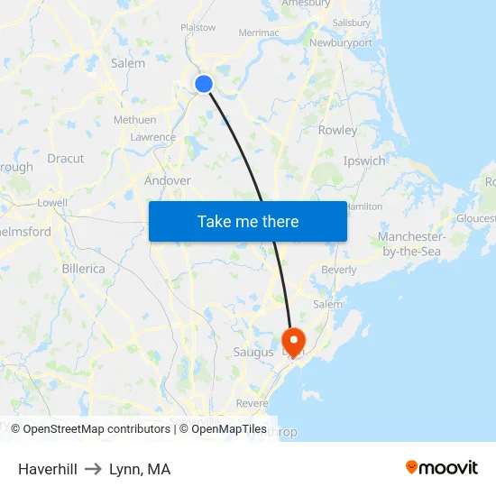 Haverhill to Lynn, MA map