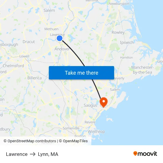 Lawrence to Lynn, MA map