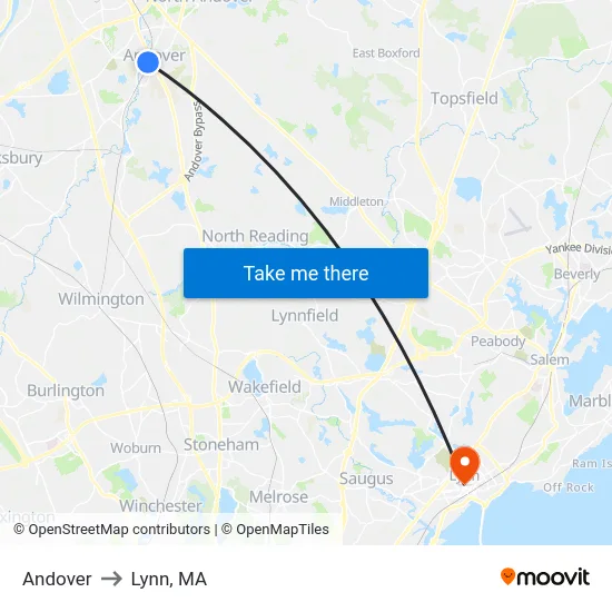 Andover to Lynn, MA map