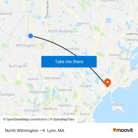 North Wilmington to Lynn, MA map