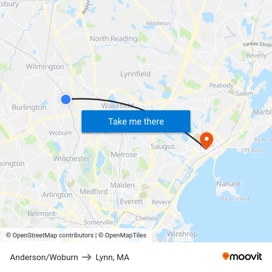 Anderson/Woburn to Lynn, MA map