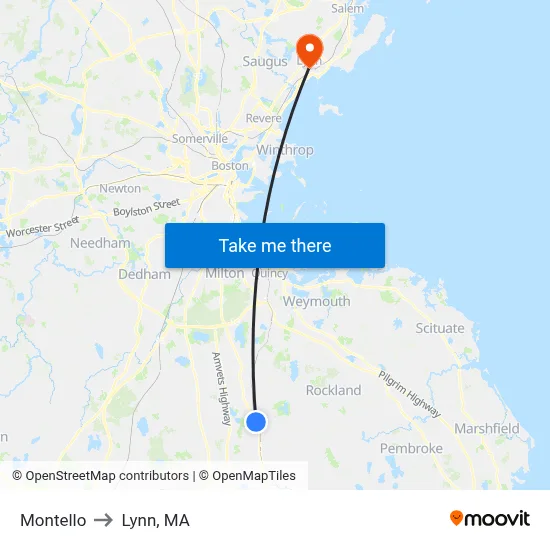 Montello to Lynn, MA map