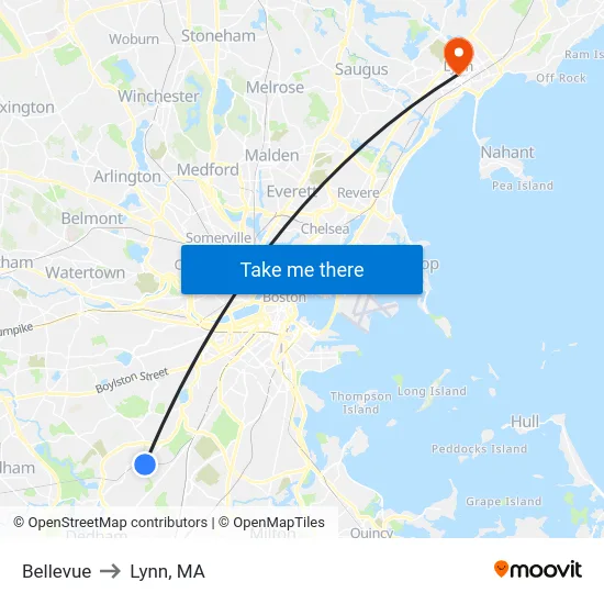 Bellevue to Lynn, MA map