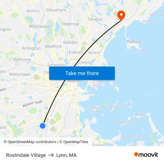Roslindale Village to Lynn, MA map
