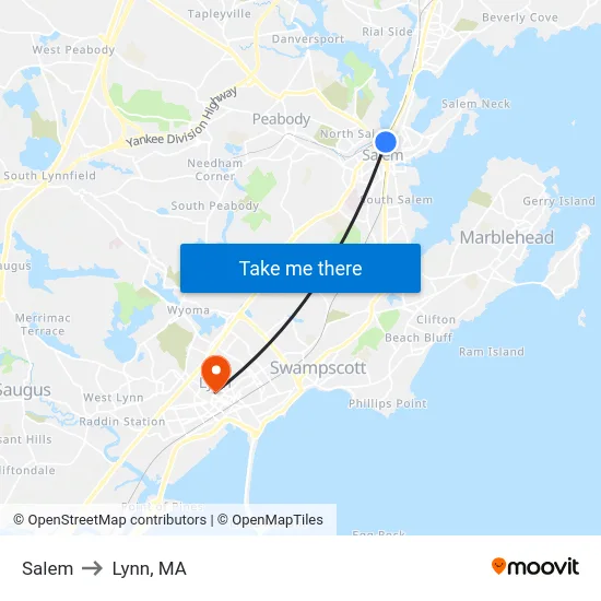 Salem to Lynn, MA map
