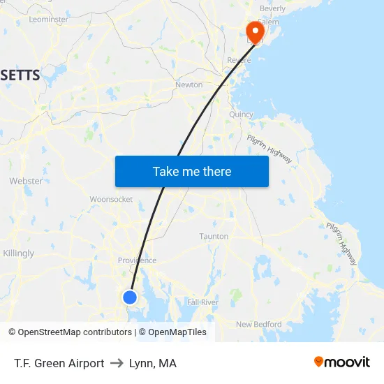 T.F. Green Airport to Lynn, MA map