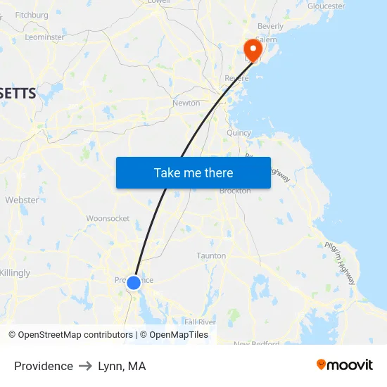 Providence to Lynn, MA map